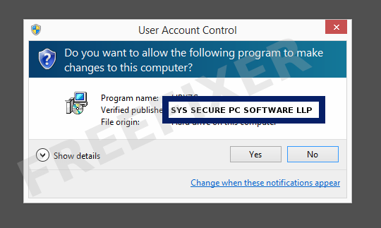 Screenshot where SYS SECURE PC SOFTWARE LLP appears as the verified publisher in the UAC dialog